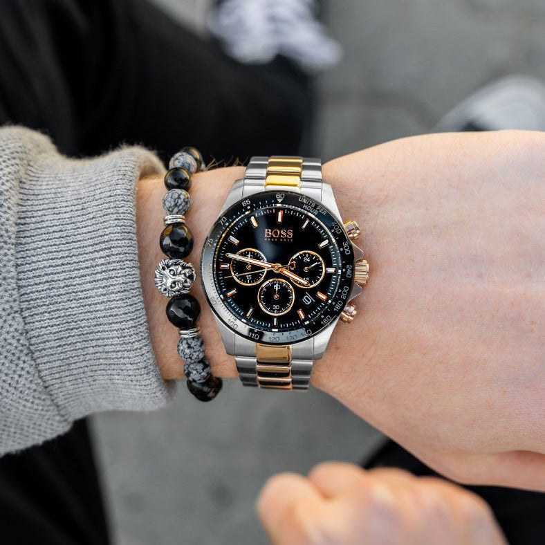 Hugo Boss Here Chronograph Black Dial Two Tone Steel Strap Watch