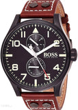 Hugo Boss Aeroliner Day Date Black Dial Brown Leather Strap Watch For Men - HB1513079