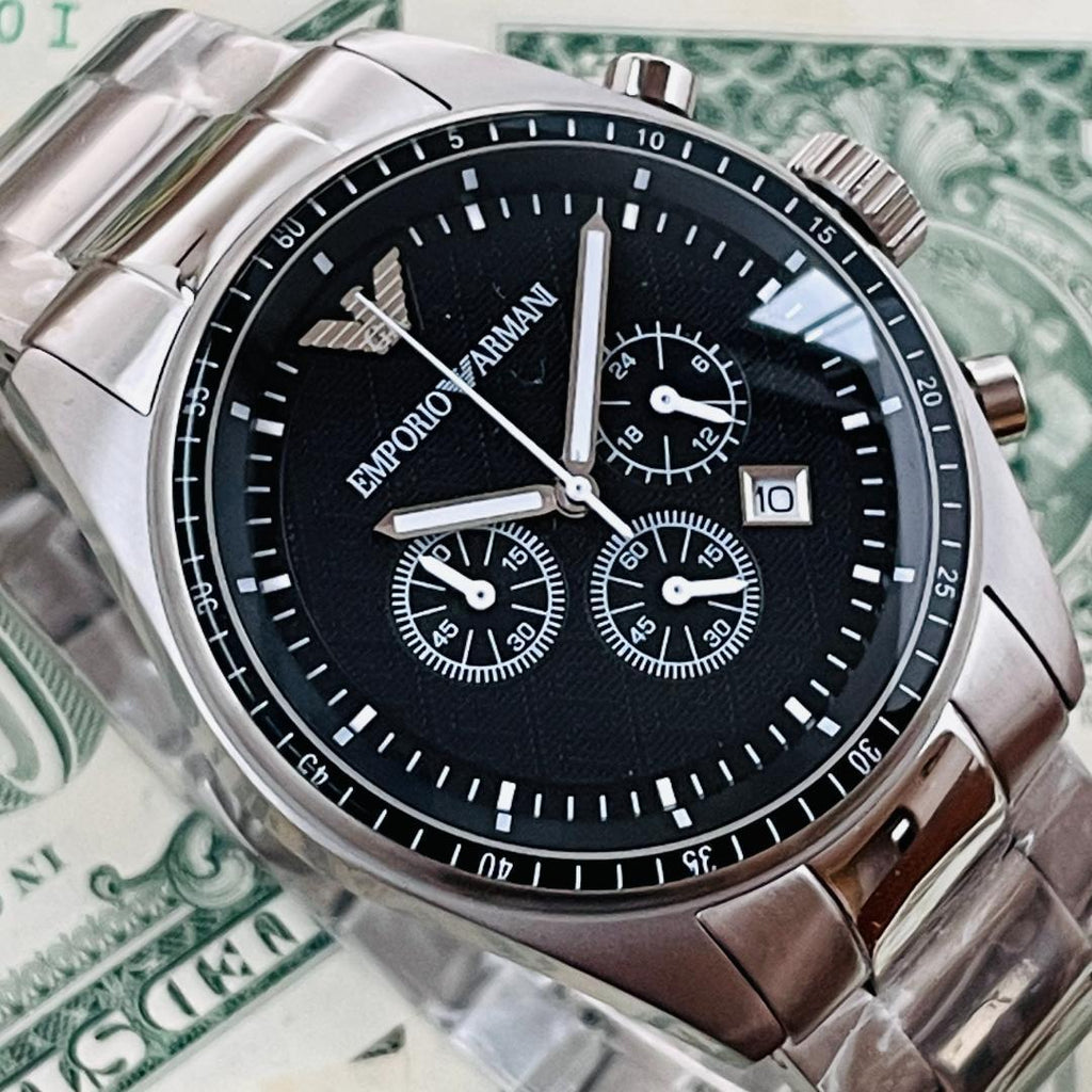 Emporio Armani Sportivo Chronograph Black Dial Silver Stainless