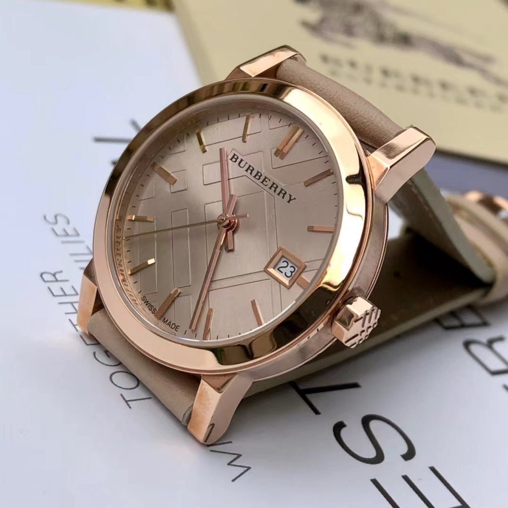 Burberry The City Beige Dial Beige Leather Strap Watch for Women display picture 3