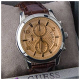 Guess Exec Chronograph Quartz Gold Dial Brown Leather Strap Watch for Men - W0076G3