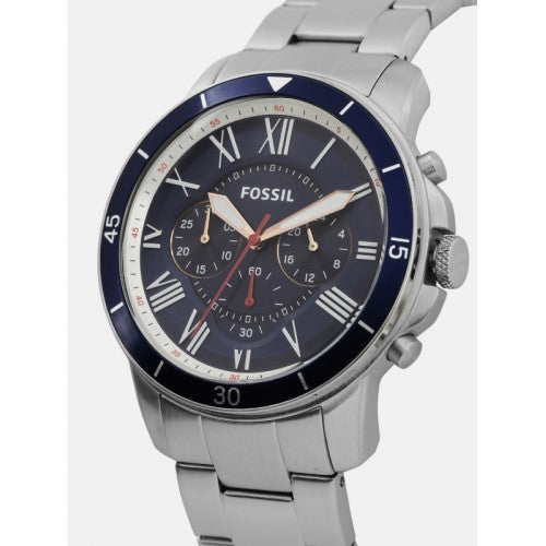 Fossil Grant Dial Steel Sport Blue Strap Men Watch Chronograph Silver for