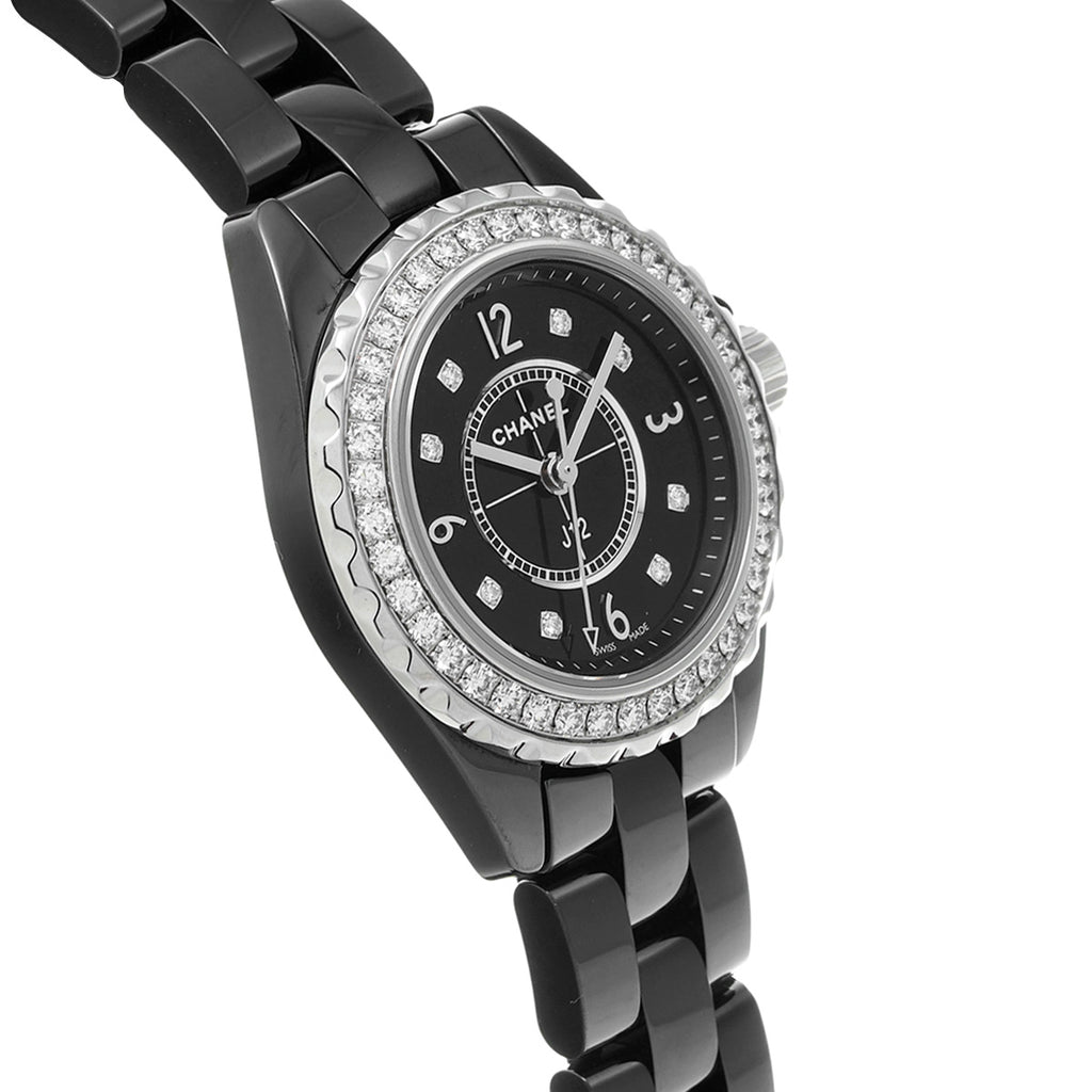 Chanel J12 Diamonds Ceramic Black Dial Black Steel Strap Watch for