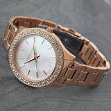 Michael Kors Lilane Three Hand Mother of Pearl White Dial Rose Gold Steel Strap Watch For Women - MK4557