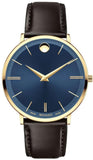 Movado Ultra Slim Blue Dial Brown Leather Strap Watch For Men - 0607088