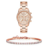 Michael Kors Ritz Chronograph Rose Gold Dial Rose Gold Steel Strap Watch For Women - MK6598