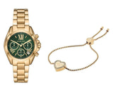 Michael Kors Bradshaw Chronograph Green Dial Gold Steel Strap Watch For Women - MK7257