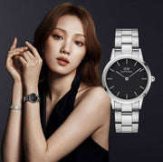 Daniel Wellington Iconic Link Black Dial Silver Steel Strap Watch For Women - DW00100208