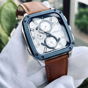 Fossil Inscription Multifunction Silver Dial Brown Leather Strap Watch for Men - BQ2658
