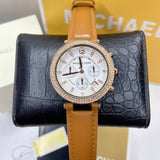 Michael Kors Parker Chronograph White Dial Tan Leather Strap Watch for Women - MK5633