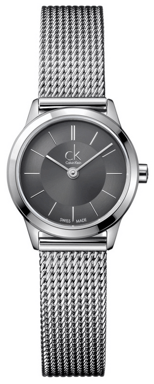 Calvin Klein Minimal Grey Dial Silver Mesh Bracelet Watch for Women - K3M23124