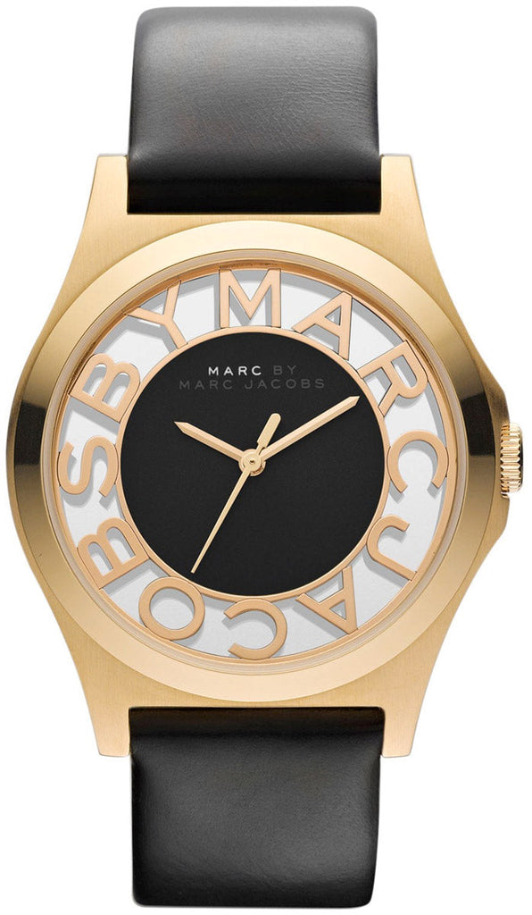 腕時計 MARC BY MARC JACOBS HENRY SKELTON Marc Jacobs Henry Skeleton Black Dial Black Leather Strap Watch