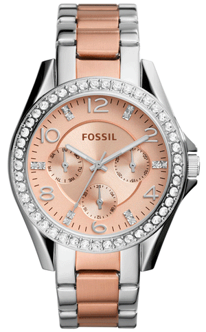 Fossil Riley Multifunction Rose Gold Dial Two Tone Steel Strap Watch for Women - ES4145