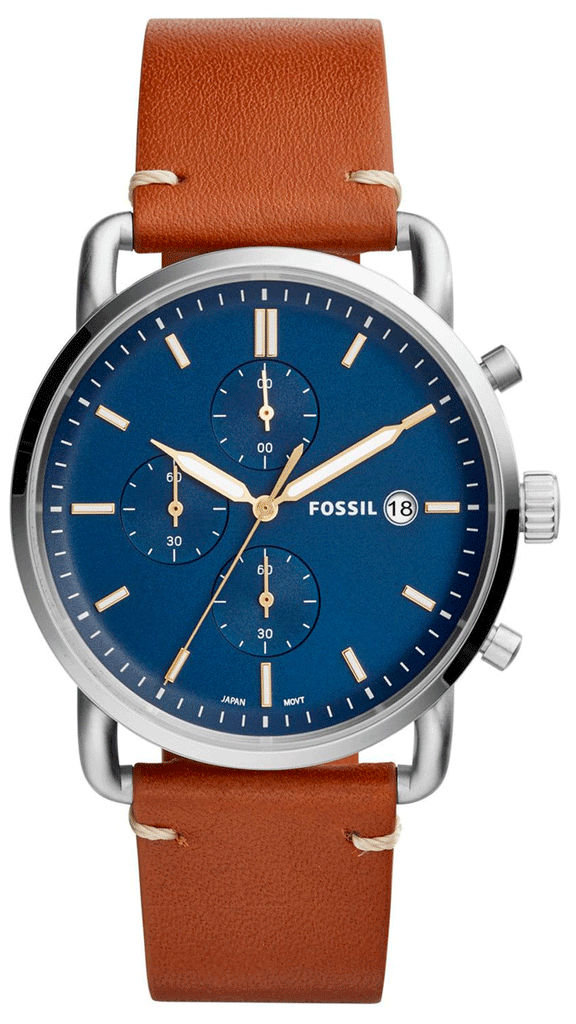 Fossil The Commuter Blue Dial Brown Leather Strap Watch for Men