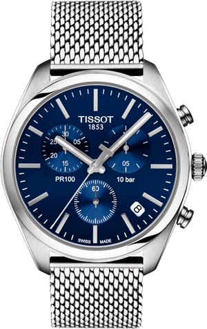 Tissot PR 100 Chronograph Blue Dial Silver Mesh Bracelet Watch for Men - T101.417.11.041.00