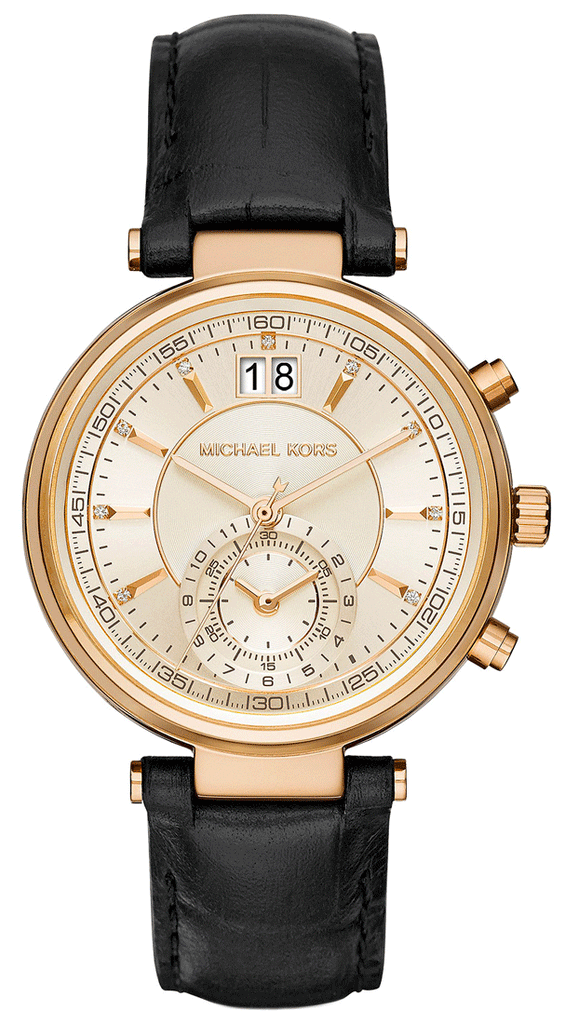 Michael Kors Sawyer Champagne Dial Black Leather Strap Watch for Women