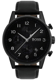 Hugo Boss Navigator Chronograph Black Dial Black Leather Strap Watch for Men - 1513497