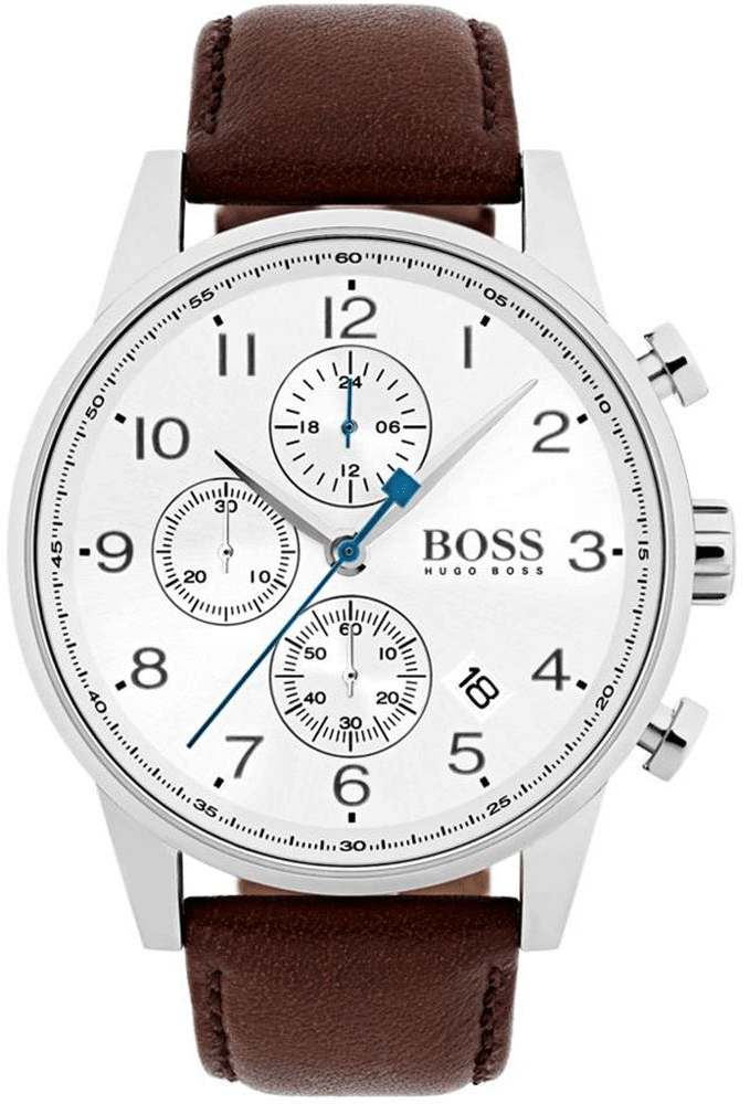 なう9 Hugo Boss Navigator White Dial Brown Leather Strap Watch for Men