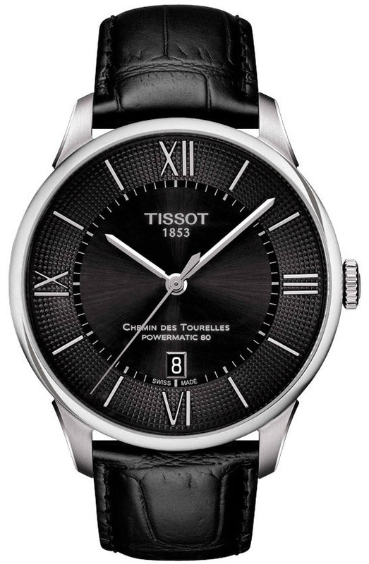 Jam Tangan Pria Tissot Chemin Des Tourelles Powermatic 80 Black Dial Black Leather Strap - T099.407.16.058.00