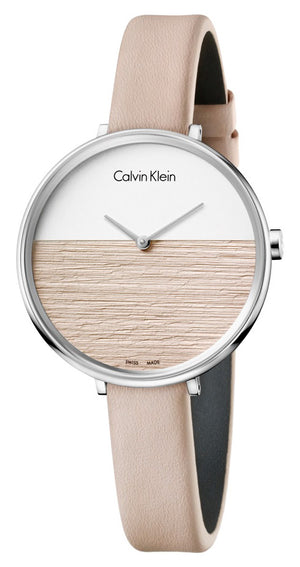 Calvin Klein Rise White Beige Dial Beige Leather Strap Watch for Women - K7A231XH