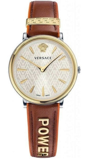 Versace V-Circle Quartz Mother of Pearl Dial Brown Leather Strap Watch for Women - VBP03017