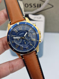 Fossil Grant Sport Chronograph Blue Dial Brown Leather Strap Watch for Men - FS5268