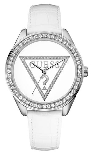 Guess Mini Triangle Quartz Diamonds Silver Dial White Leather Strap Watch For Women - W65006L1