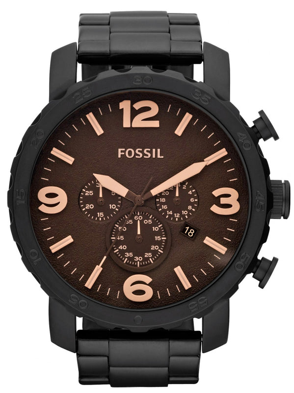 Fossil Nate Chrongraph Black Ion Plated Black Dial Black Steel Strap Watch  for Men