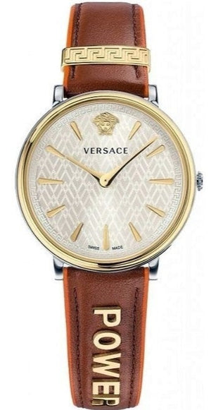 Versace V Circle Quartz Silver Dial Brown Leather Strap Watch For Women - VBP04017