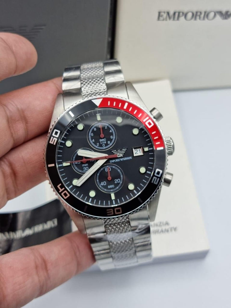 ARMANI時計 Emporio Armani Chronograph Black Dial Silver Stainless Steel Watch