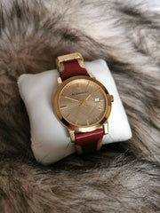 Burberry The City Gold Dial Orange Leather Strap Watch for Women - BU9017