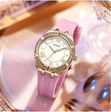 Guess Cosmo Diamonds Silver Dial Pink Silicone Strap Watch for Women - GW0034L3