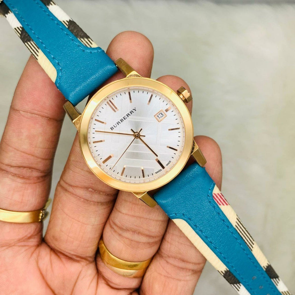 Burberry The City Gold Dial Blue Leather Strap Watch for Women
