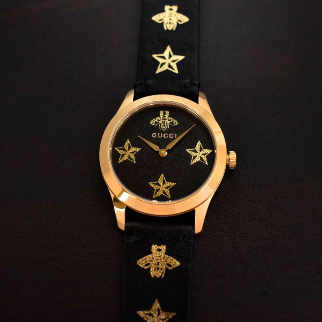 Gucci G Timeless Bee Motif Black Dial Black Leather Strap Watch