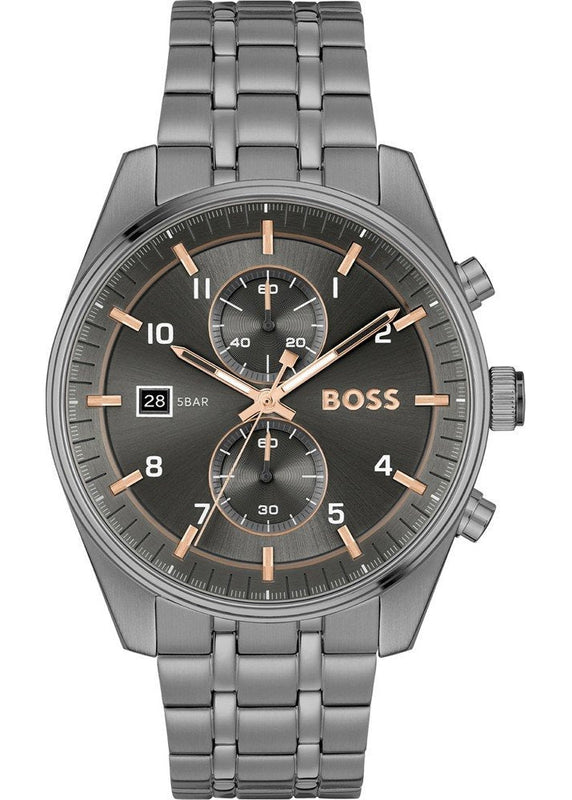 Hugo Boss Skytraveller Chronograph Gunmetal Grey Dial Grey Steel Strap Watch for Men - 1514153