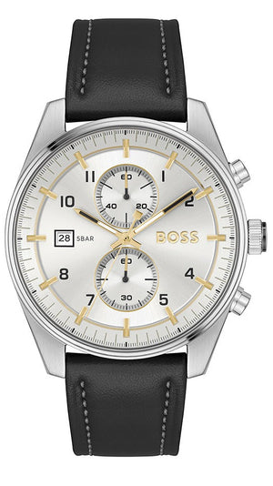 Hugo Boss Skytraveller Chronograph Silver Dial Black Leather Strap Watch for Men - 1514147