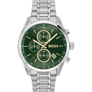 Hugo Boss Grand Prix Chronograph Green Dial Silver Steel Strap Watch for Men - 1514266
