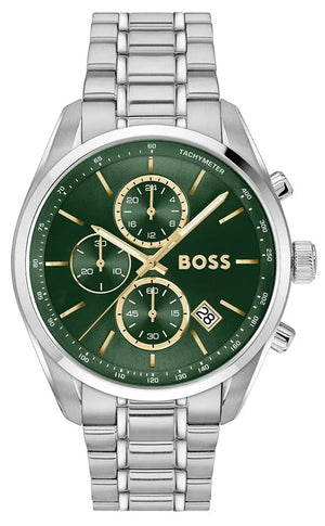 Hugo Boss Grand Prix Chronograph Green Dial Silver Steel Strap Watch for Men - 1514266