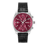 Hugo Boss Skytraveller Chronograph Burgundy Red Dial Black Leather Strap Watch for Men - 1514193