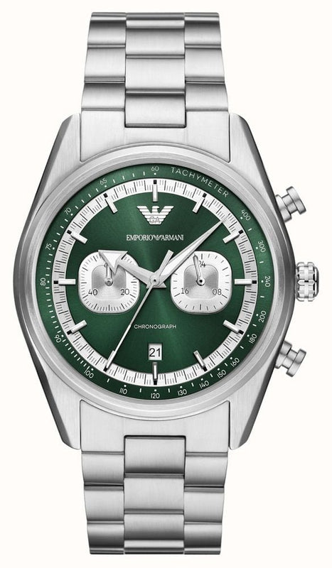 Emporio Armani Racer Chronograph Green Dial Silver Steel Strap Watch for Men - AR11637