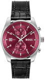 Hugo Boss Skytraveller Chronograph Burgundy Red Dial Black Leather Strap Watch for Men - 1514193