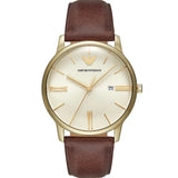 Emporio Armani Minimalist Quartz Gold Dial Brown Leather Strap Watch for Men - AR11610