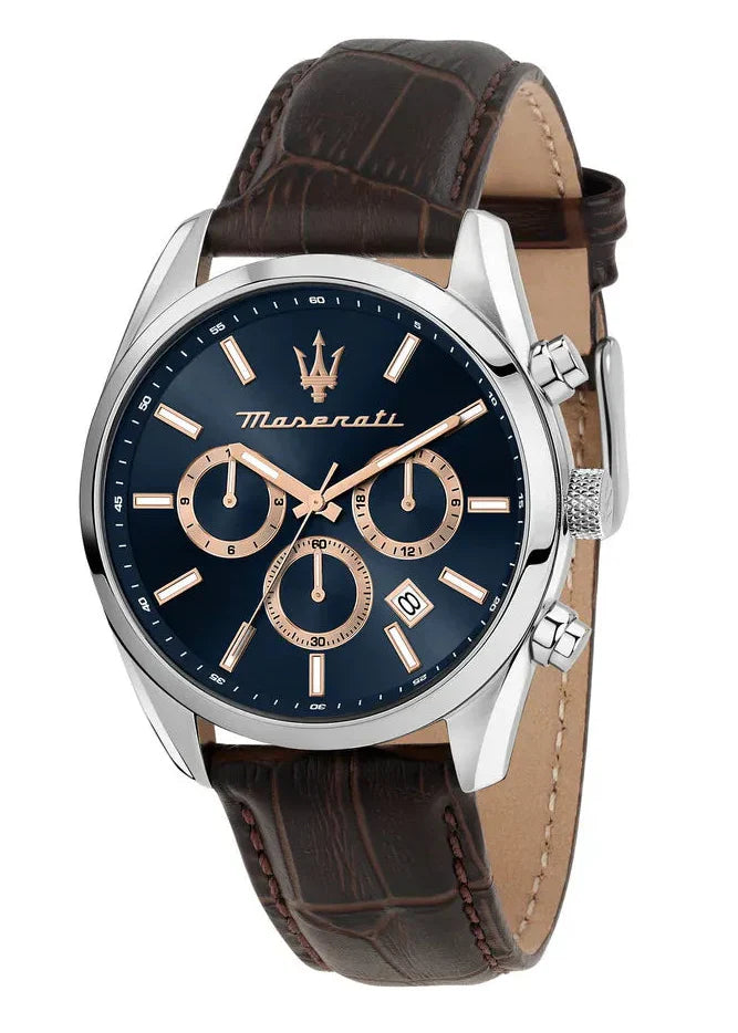 Maserati Attraction Limited Edition Chronograph Blue Dial Brown Leather Strap Watch for Men - R8851151003