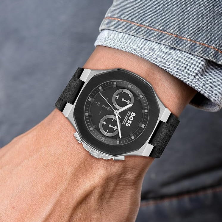 Montre chronographe Hugo Boss Taper pour homme, cadran noir et bracelet en cuir noir - 1514085