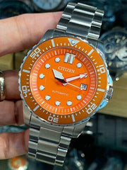 Citizen Mechanical Automatic Orange Dial Silver Steel Strap Watch for Men - NJ0128-80X