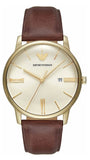 Emporio Armani Minimalist Quartz Gold Dial Brown Leather Strap Watch for Men - AR11610