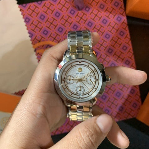 Tory Burch Classic Chronograph White Dial Two Tone Steel Strap Watch f