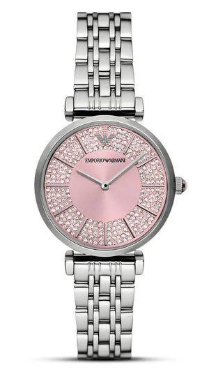 Emporio Armani Gianni T-Bar Pink Dial Silver Steel Strap Watch for Women - AR11686