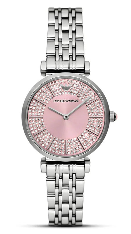 Emporio Armani Gianni T-Bar Pink Dial Silver Steel Strap Watch for Women - AR11686
