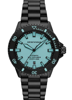 Emporio Armani Sea Explorer Turquoise Blue Dial Black Steel Strap Watch for Men - AR60084